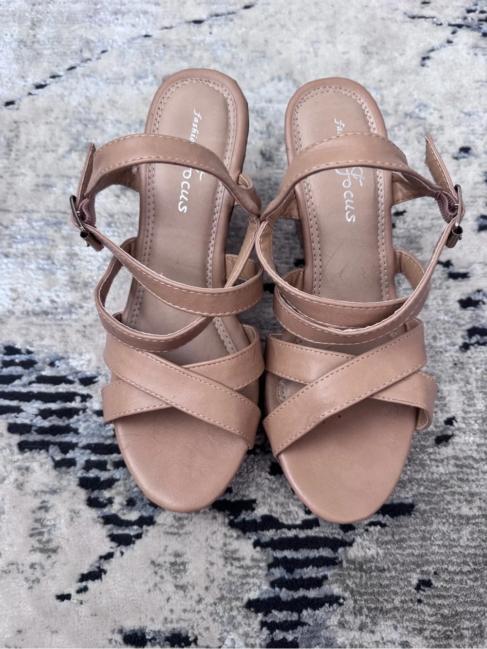 Women's Tan Strappy Block Wedges Sandals